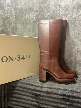 ON·34TH Women's Chestnut Leather Knee-High Block Heel Boots